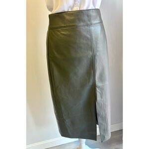 Elie Elie Tahari midi skirt faux leather forest-olive green, slit high rise-4